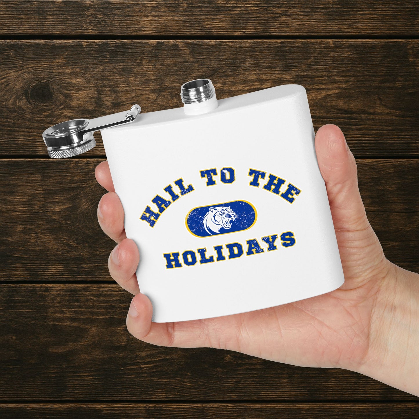 Hail to the Holidays™ Pitt Fan Hip Flask – Blue & Gold Holiday Edition